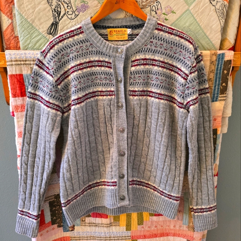 Bemidji Woolen Mills Vintage Gray Fair Isle Cardigan Sweater Size L